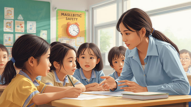 Giáo viên đang dạy ATGT cho học sinh lớp 3